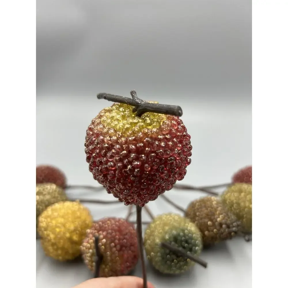 9 Vtg Glass Sugared Beaded Fruit Floral Picks Xmas Ornaments Apples Pear Jeweled